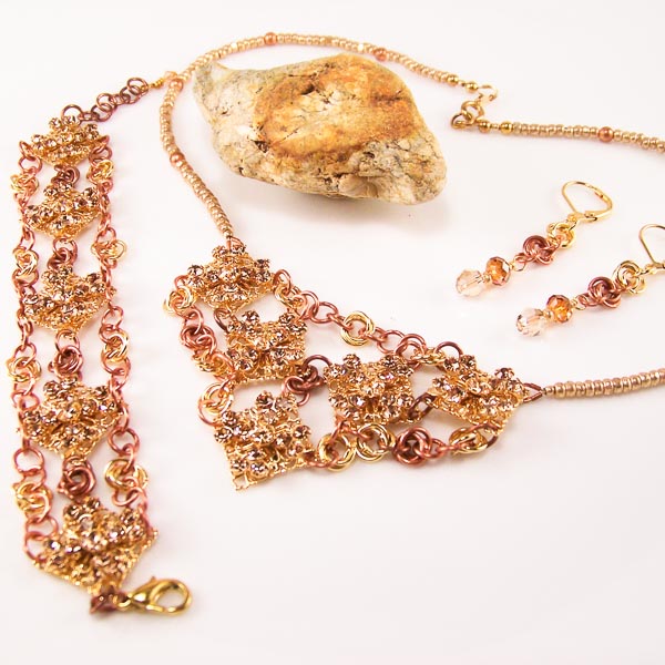 links and chainmaille - swarovski crystal, copper, seed beads